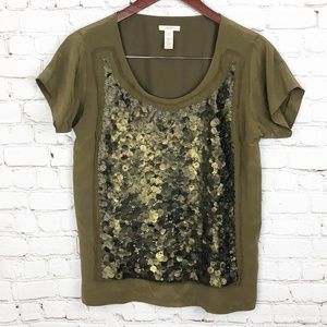 J Crew | Green Silk & Sequin Scoop Neck Tee | Size Extra Small